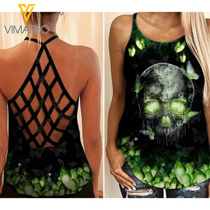 PHN Skull Girl Criss-Cross Open Back Camisole Tank Top Legging MAR-MD22