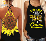 Cow Sunflower Criss-Cross Open Back Camisole Tank Top