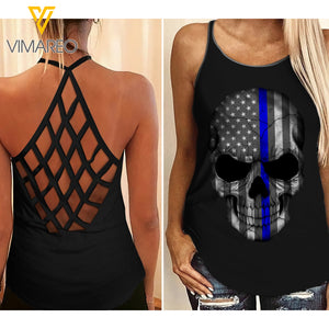 Thin Blue Line Criss-Cross Open Back Camisole Tank Top MAY-MD04