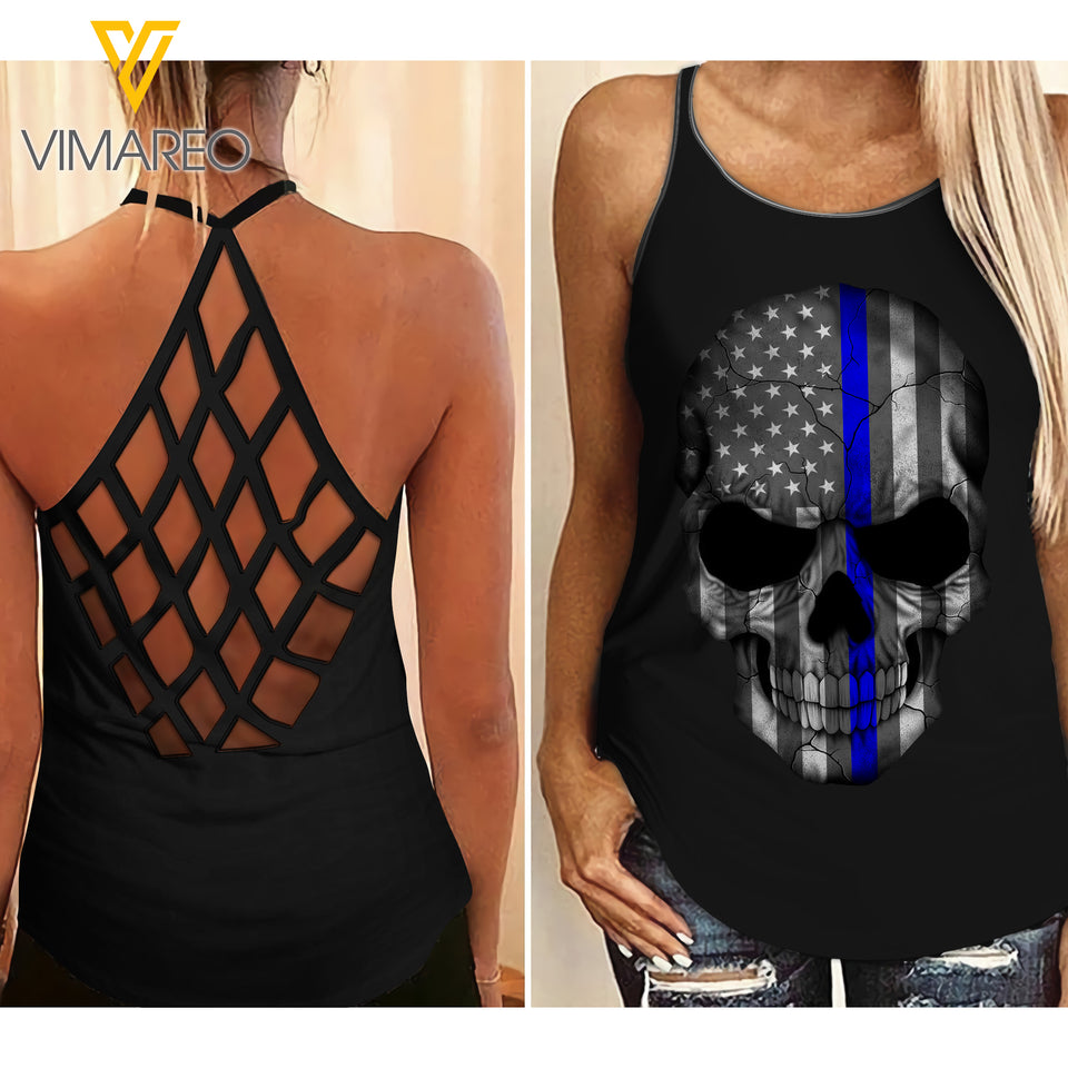 Thin Blue Line Criss-Cross Open Back Camisole Tank Top MAY-MD04