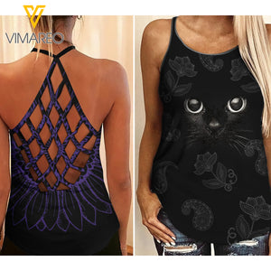 KA Black Cat Criss-Cross Open Back Camisole Tank Top