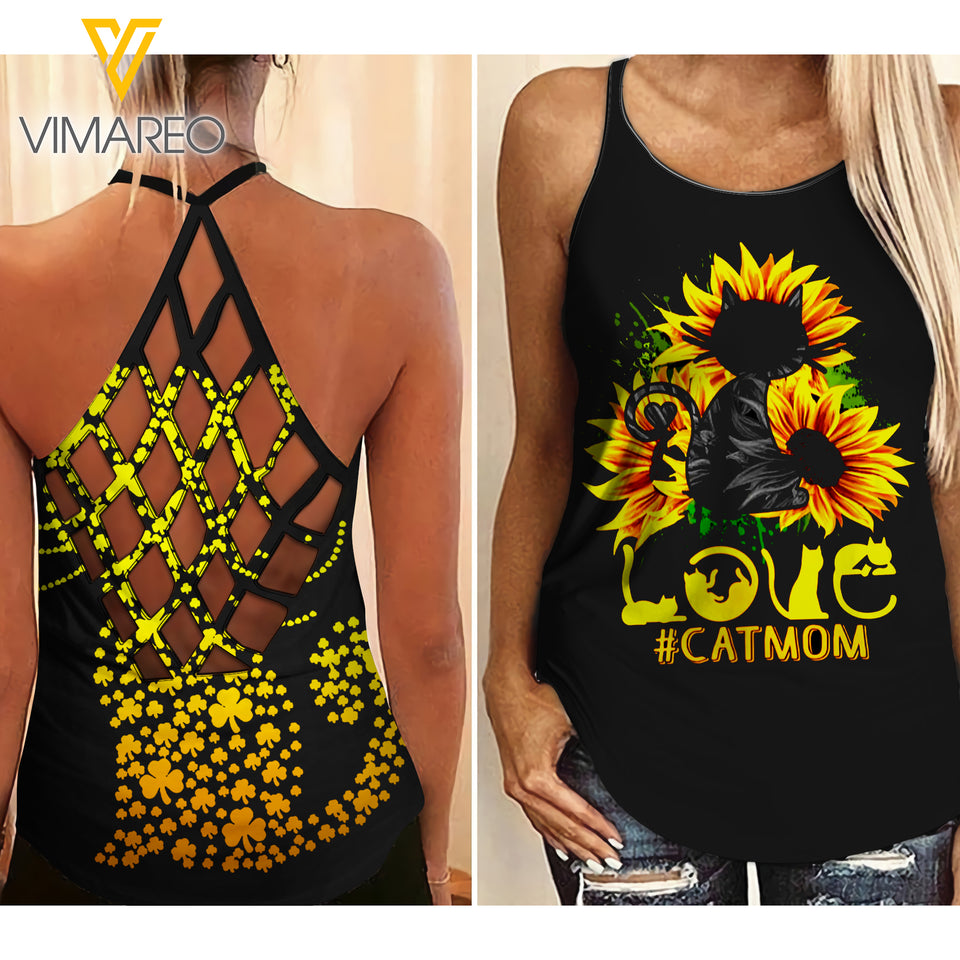 Cat Mom Sunflower Criss-Cross Open Back Camisole Tank Top