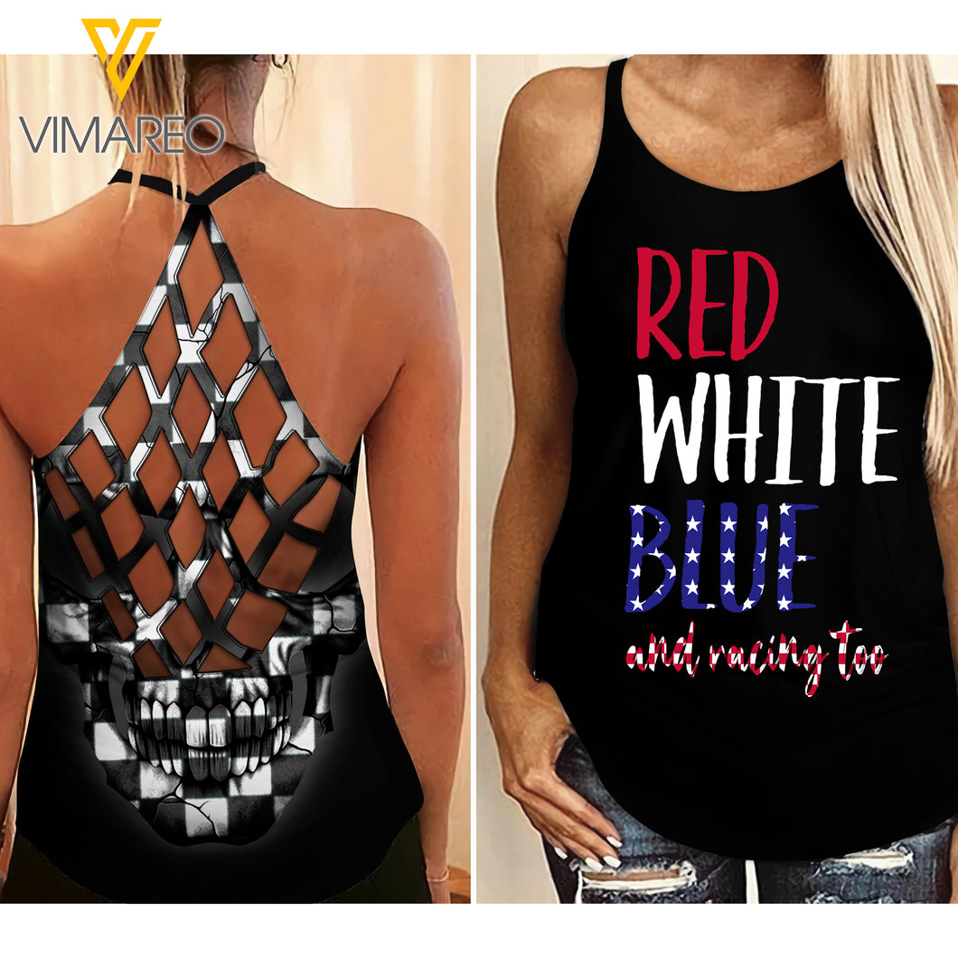 Red White Blue and Racing too Criss-Cross Open Back Camisole Tank Top Legging