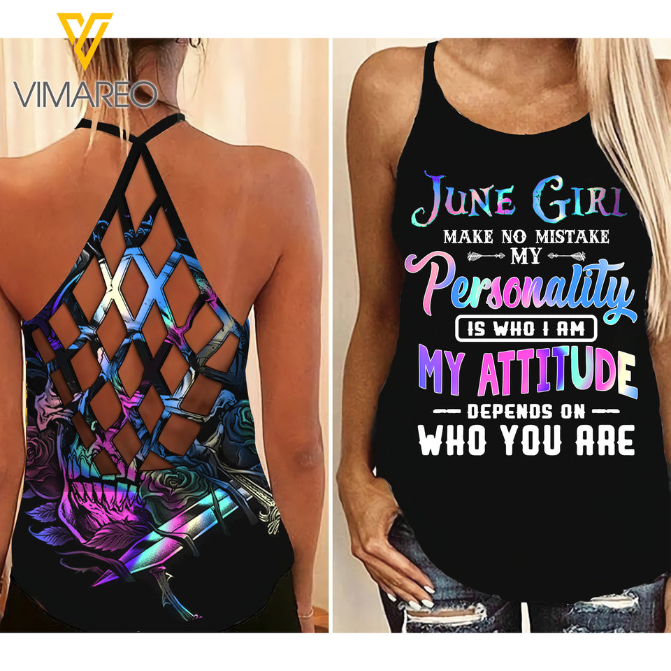 June Girl - My attitude depends on who you are Criss-Cross Open Back Camisole Tank Top VMYY