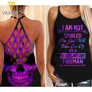 Fireman's wife-I'm Not Spoiled Criss-Cross Open Back Camisole Tank Top Legging