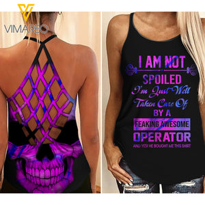 Operator's wife-I'm Not Spoiled Criss-Cross Open Back Camisole Tank Top Legging