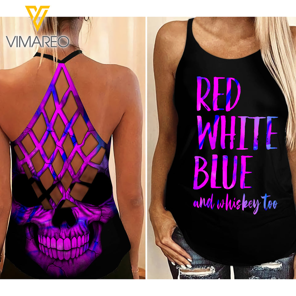 KHMD RED WHITE BLUE WHISKEY PU Girl Criss-Cross Tank Top 0504
