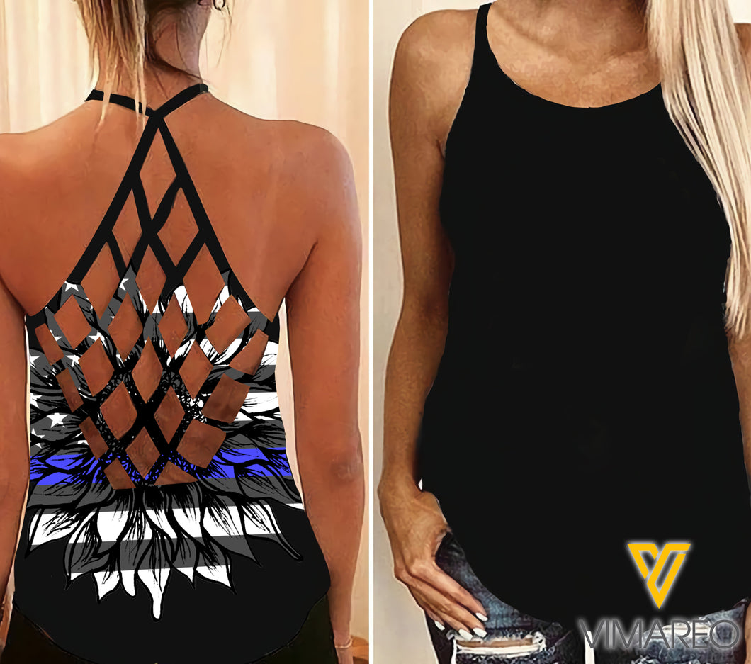 Thin Blue Line  Criss-Cross Open Back Camisole Tank Top APR-MD15