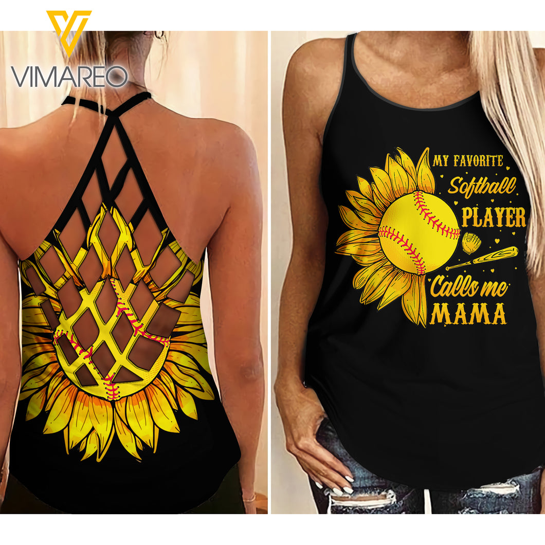 SOFTBALL MAMA SUNFLOWER CRISS-CROSS TANK TOP