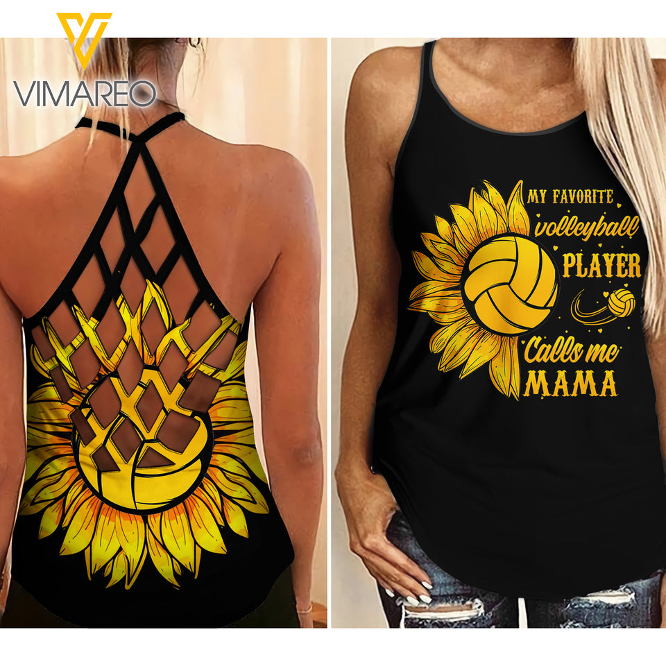 VOLLEYBALL MAMA SUNFLOWER CRISS-CROSS TANK TOP