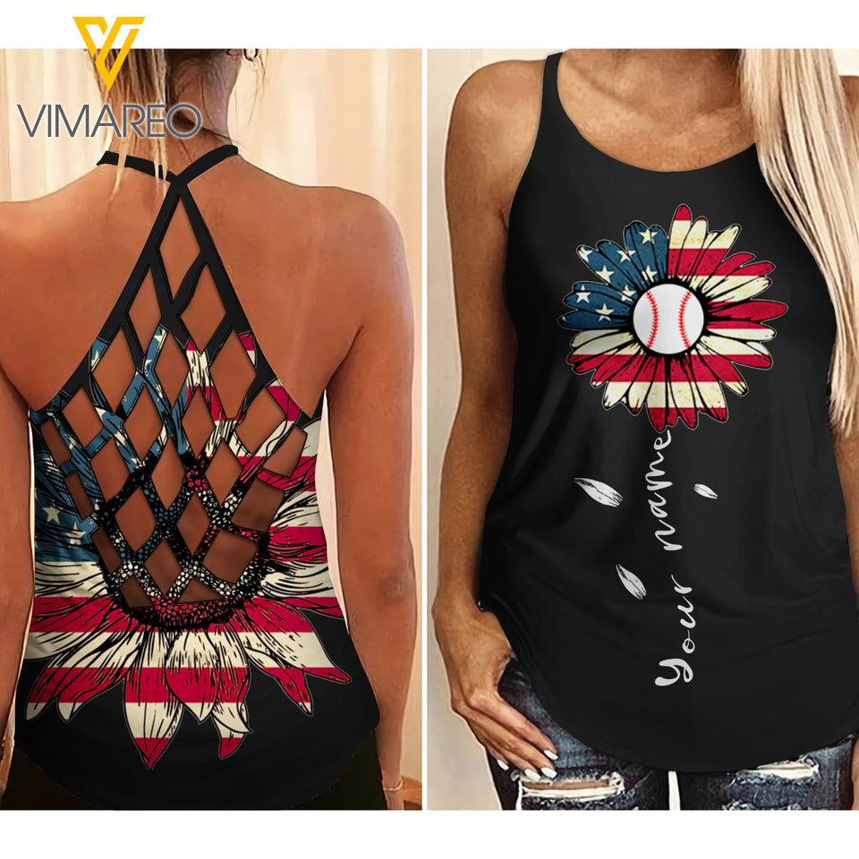 BASEBALL AMERICAN SUNFLOWER CRISS-CROSS TANK TOP