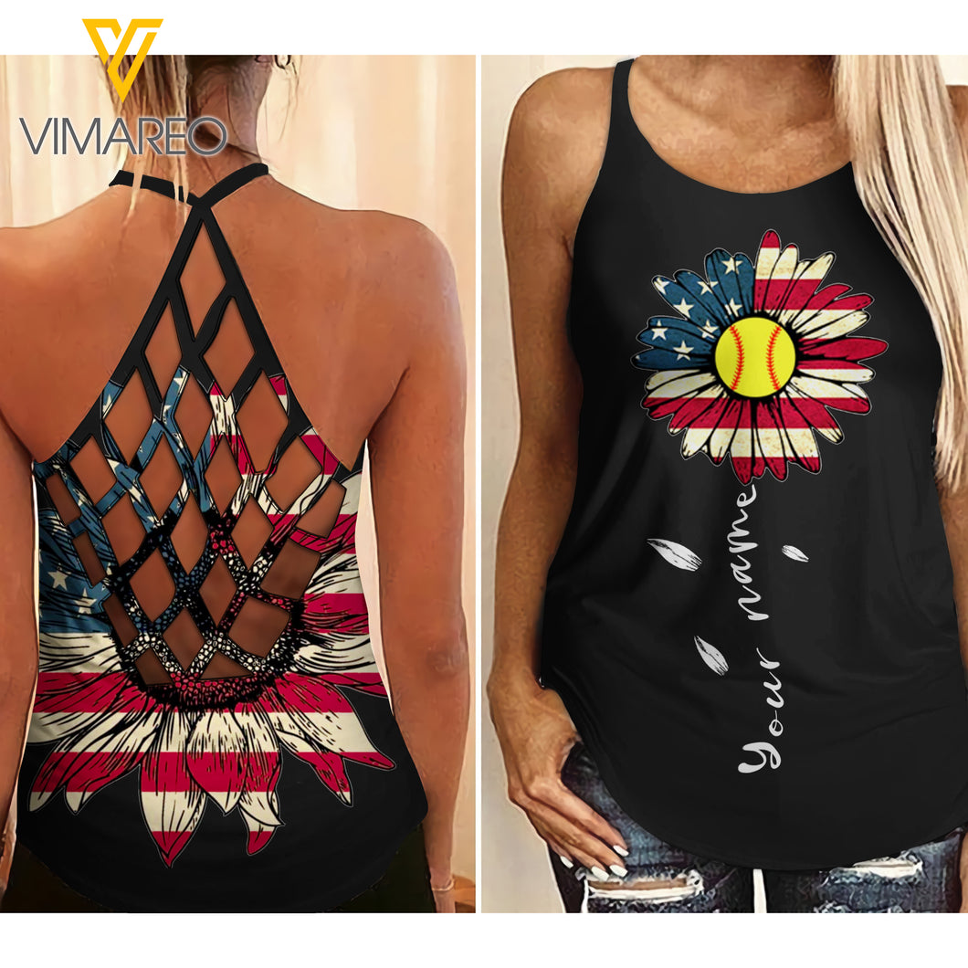 SOFTBALL AMERICAN SUNFLOWER CRISS-CROSS TANK TOP