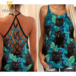 Black Cat Hawaii Criss-Cross Open Back Camisole Tank Top AUG-HQ31