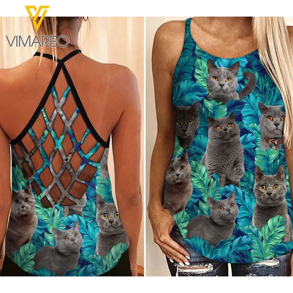 British Shorthair Cat Hawaii Criss-Cross Open Back Camisole Tank Top AUG-HQ31