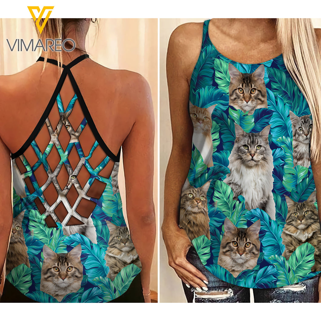 Maine Coon Cat Hawaii Criss-Cross Open Back Camisole Tank Top AUG-HQ31