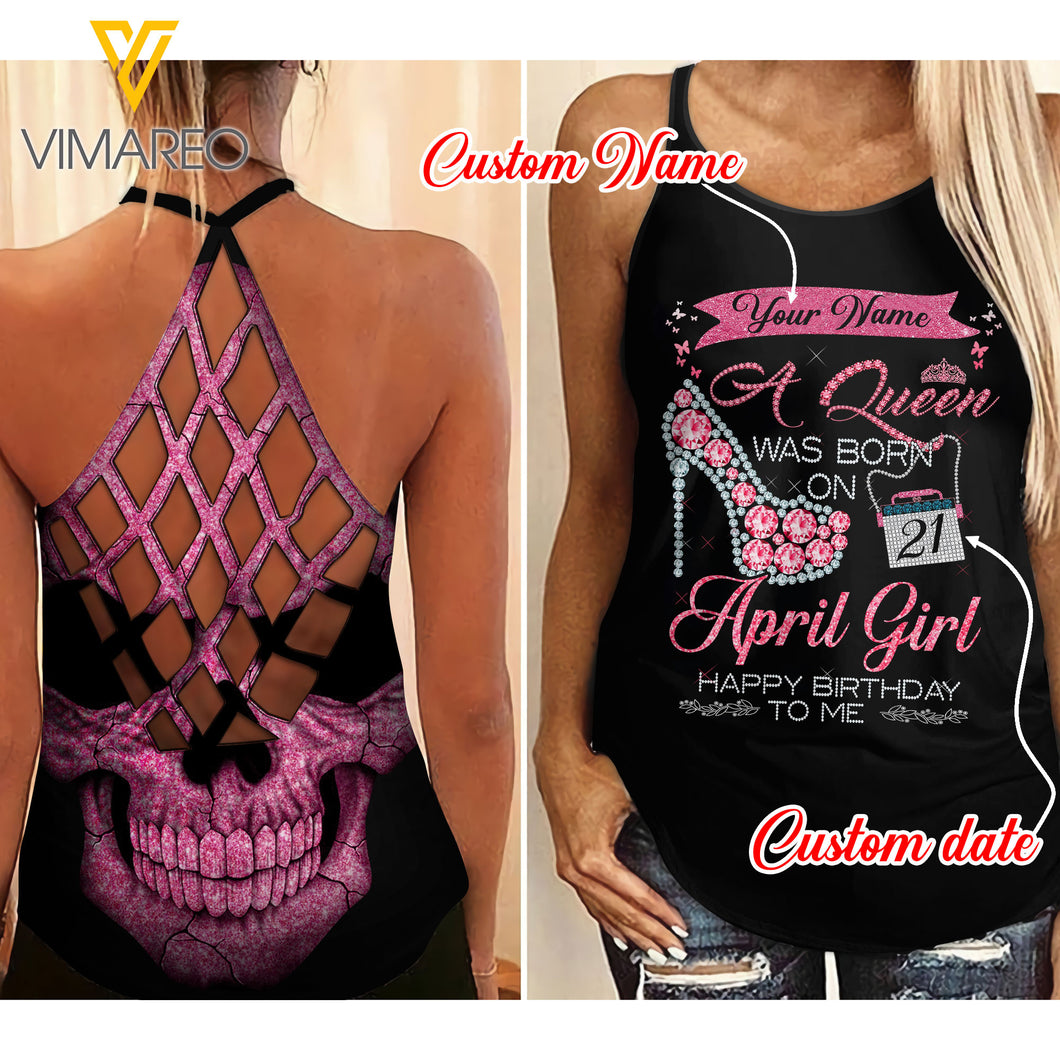 Personalized April Queen Criss-Cross Open Back Camisole Tank Top PEDJE