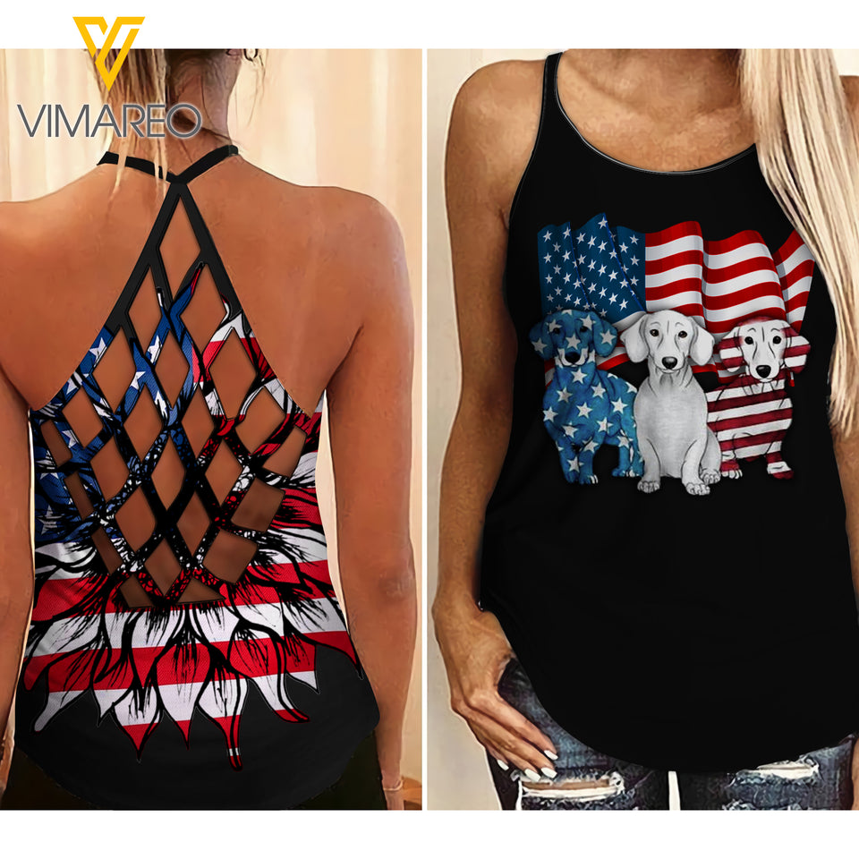 Dachshund Dog Criss-Cross Open Back Camisole Tank Top CBEGW