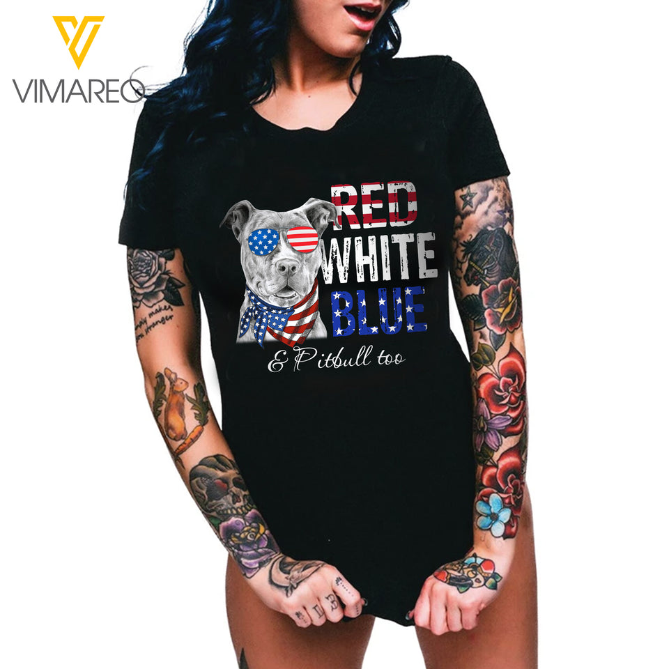 Red White Blue and Pit Bull Dog Tshirt RWBTL