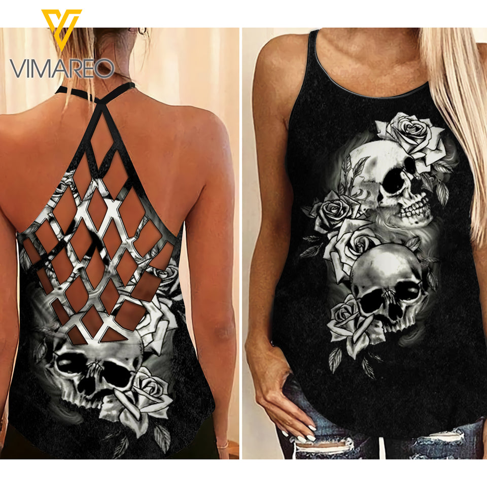 Skull Girl Criss-Cross Open Back Camisole Tank Top QSUEO1