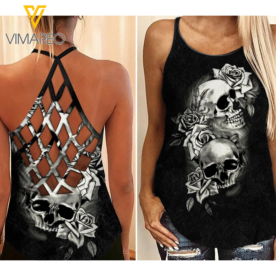 Skull Girl Criss-Cross Open Back Camisole Tank Top QSUEO1