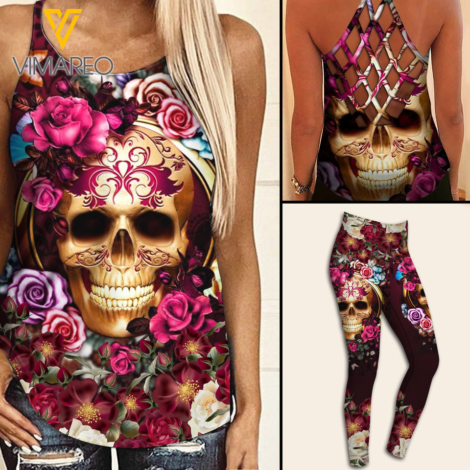 Skull Flower Criss-Cross Open Back Camisole Tank Top Legging KBGDJE
