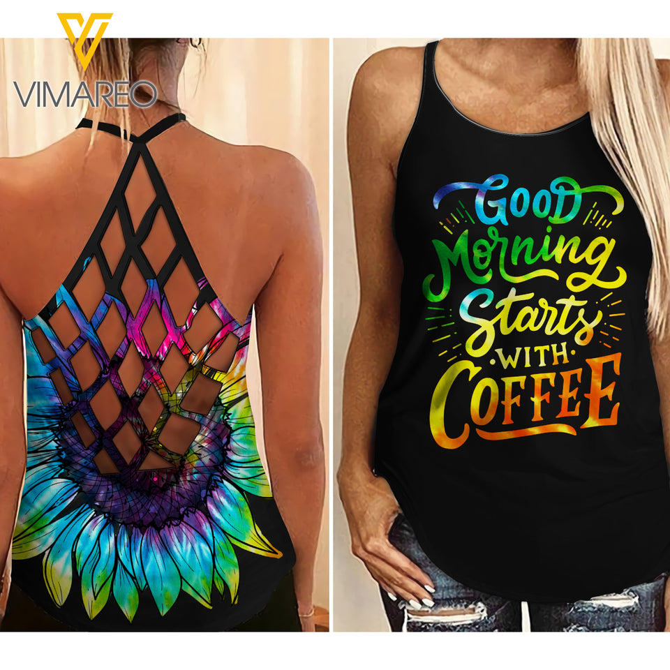 Coffee Start Criss-Cross Open Back Camisole Tank Top QVSGE