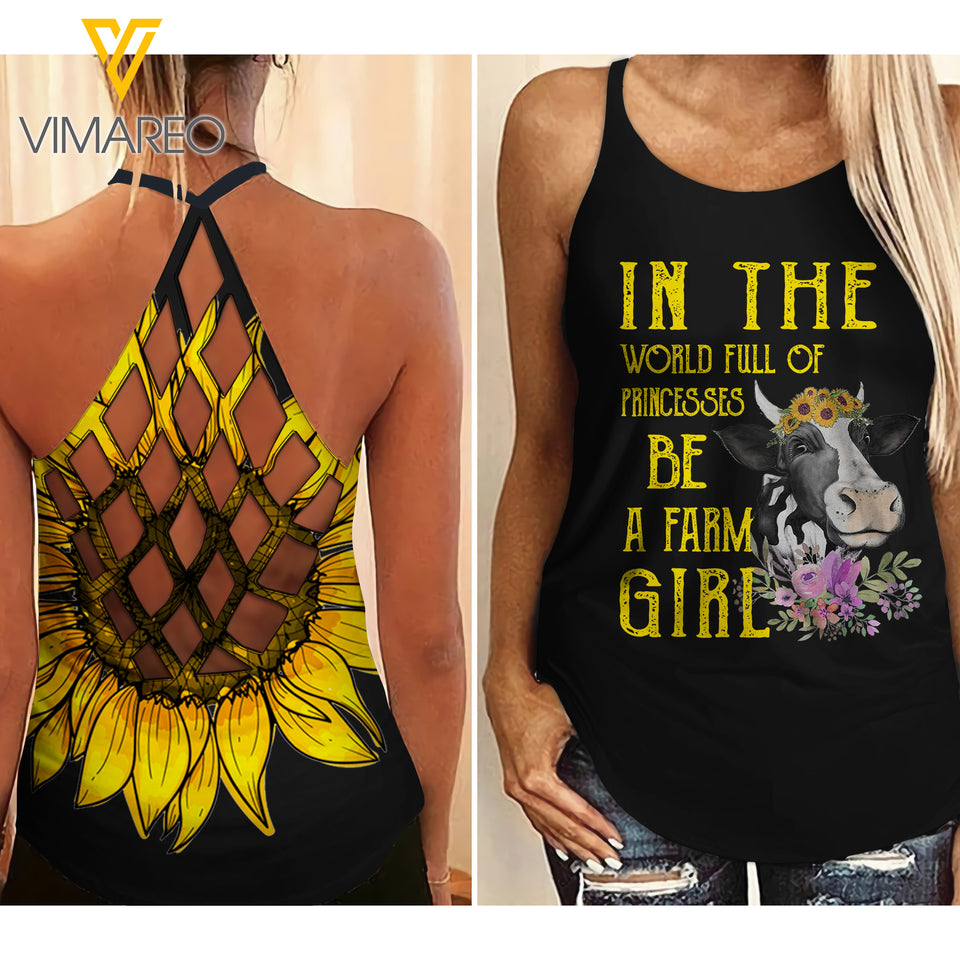 Farm Girl Criss-Cross Open Back Camisole Tank Top Cow2